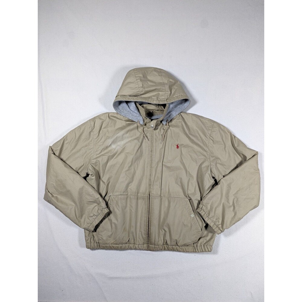 Vintage 1990s Polo Ralph Lauren Fleece Lined Hooded Harrington Jacket L Tan